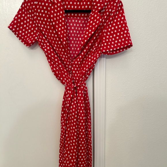 Red and white polka dot button down midi dress - Picture 2 of 2